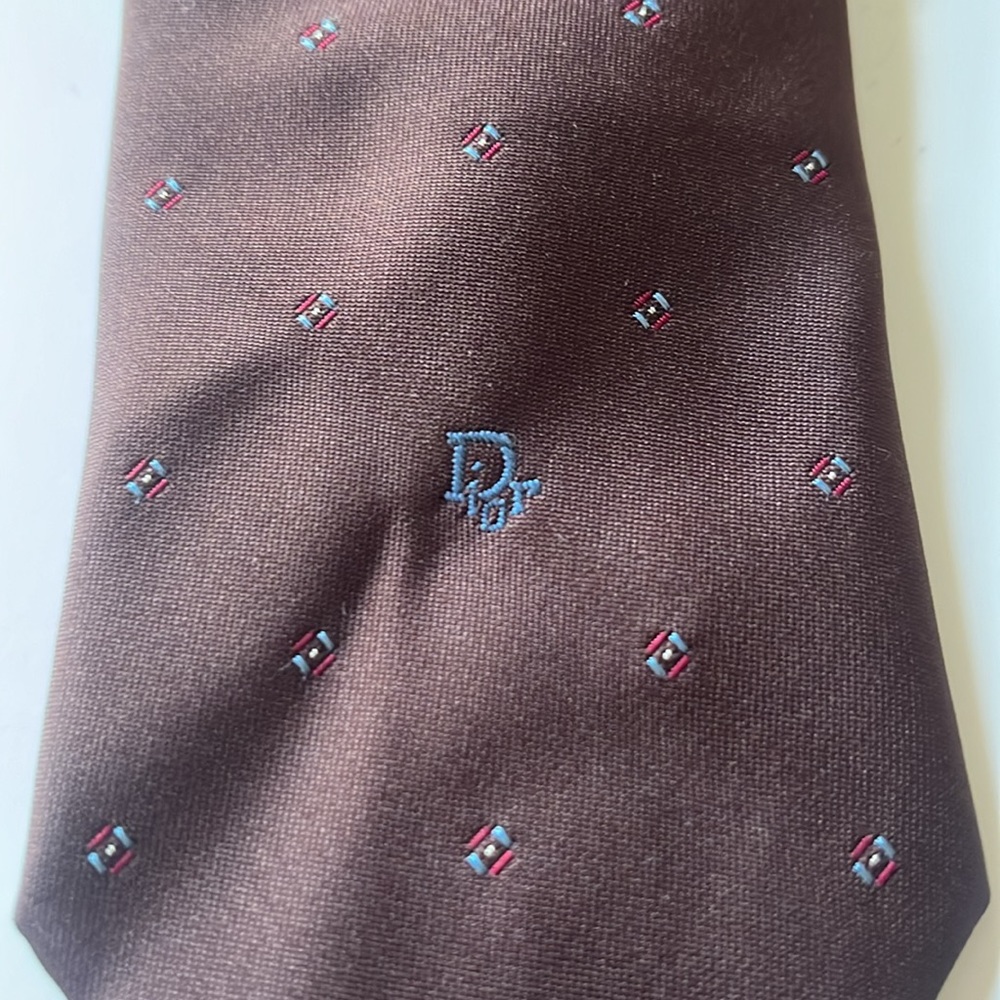 Christian Dior Brown NeckTie with Blue Emblem and Blue, Red & Gold Design